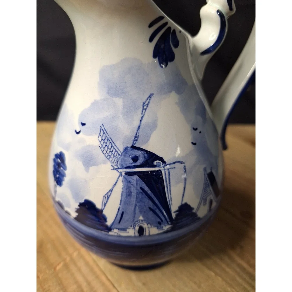 Delft Madfin Holland Blue White Windmill Pitcher Handpainted Vintage Ceramic 6+